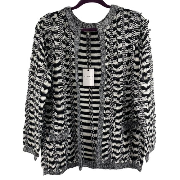 Anthropologie Endless Rose Black & White Striped Fringe Open-Front Cardigan Swea - Picture 1 of 5